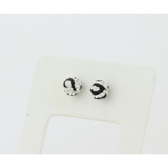 14k White Gold Black & White Crystal Stud Earrings Sparkly Ball - Picture 3 of 9